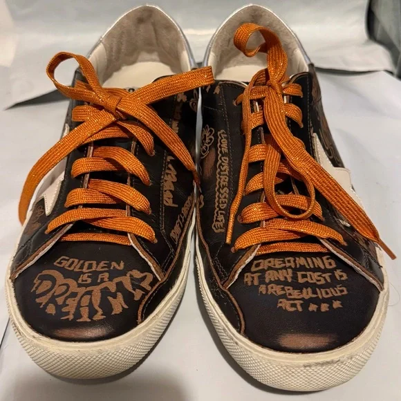 Golden Goose SUPER STAR BIKER LEATHER SNEAKERS DRAWING DARK BROWN. - Picture 4 of 16
